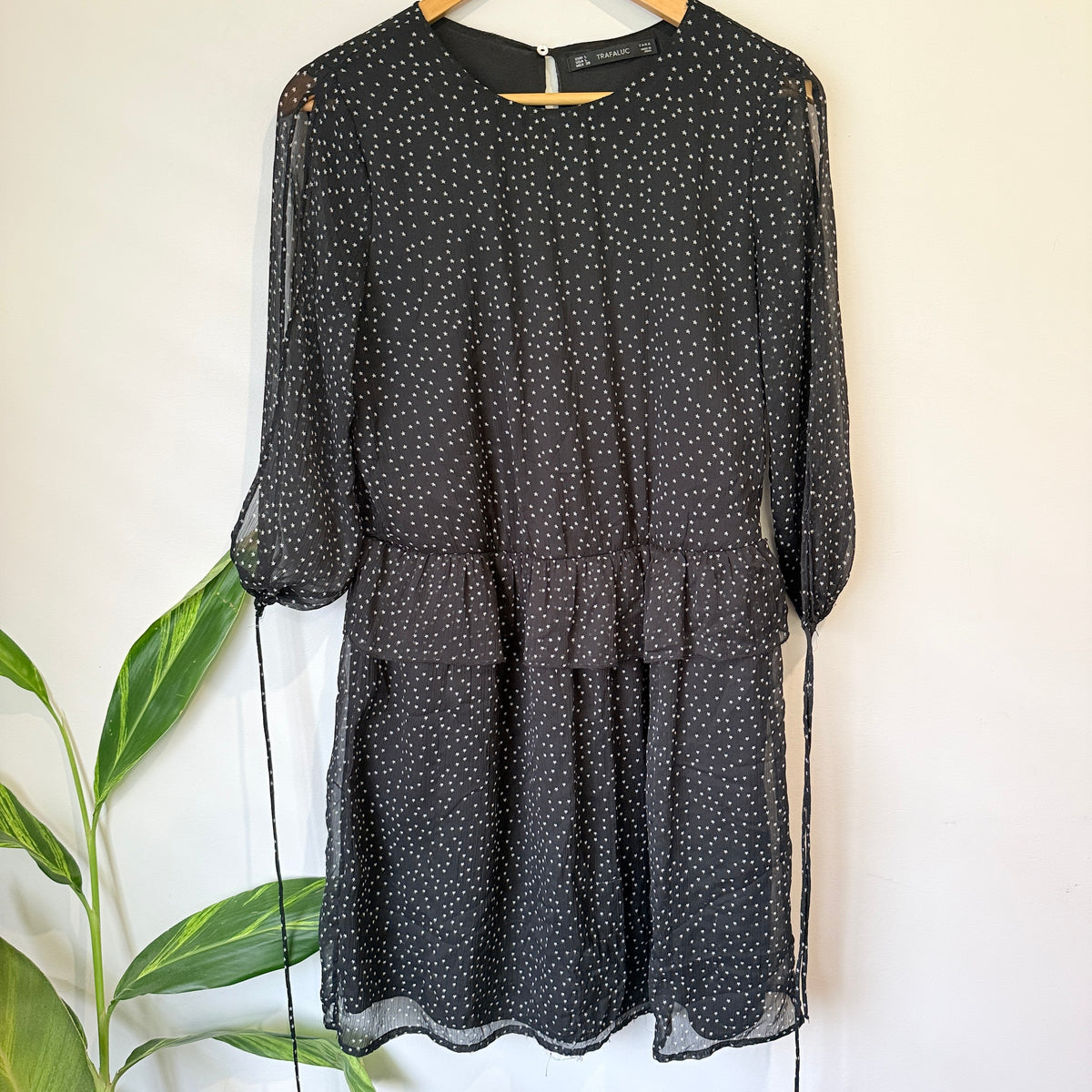 Zara Trafaluc Black Star Print Tiered Dress Size L