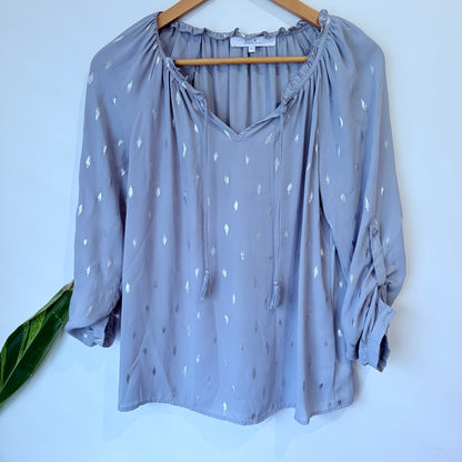 Ella J Grey Print Frill Neck Blouse Size 8