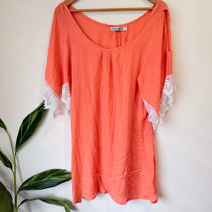 Subdrenched Australia Coral Rayon Lace Trim Tunic Top - Size 10-12