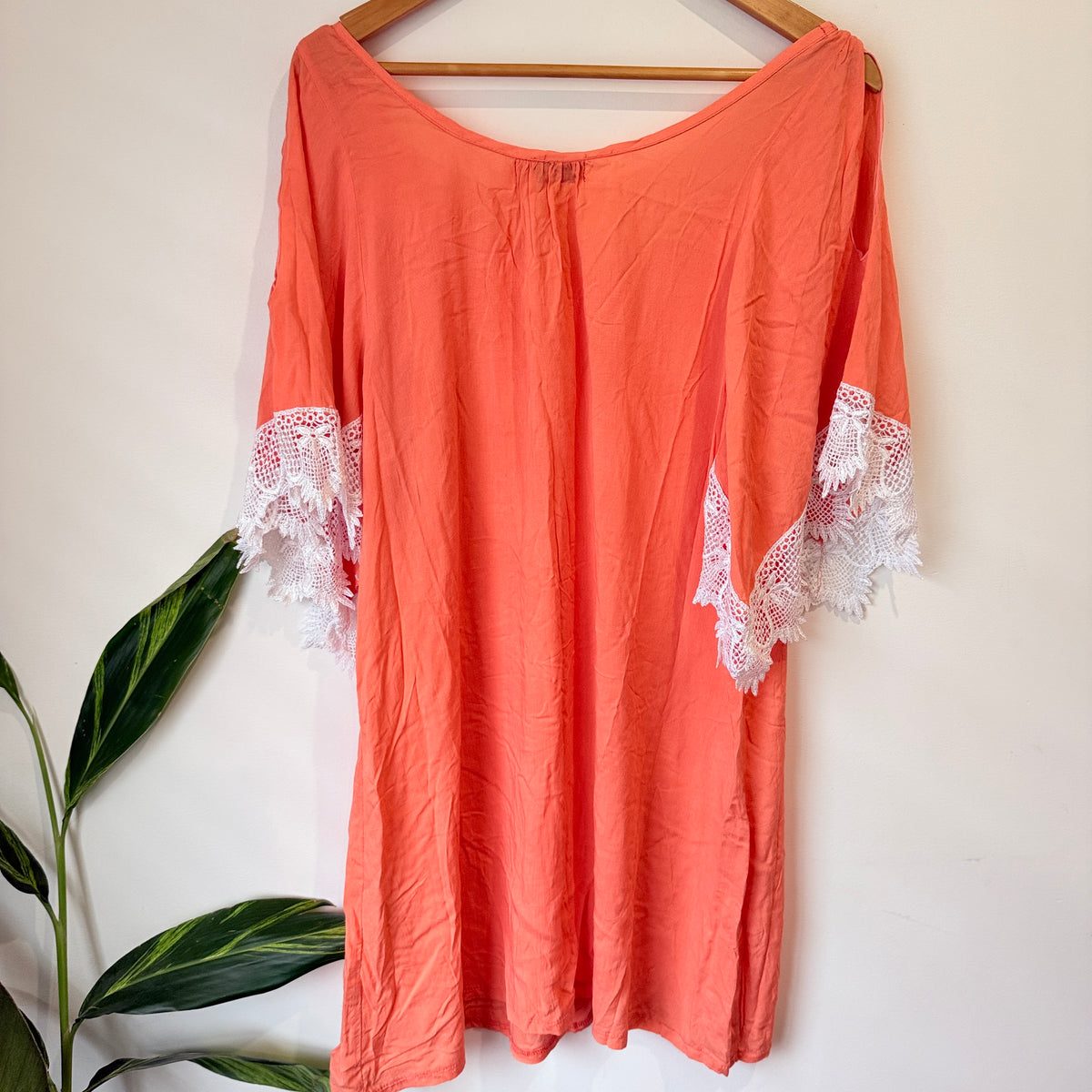 Subdrenched Australia Coral Rayon Lace Trim Tunic Top - Size 10-12