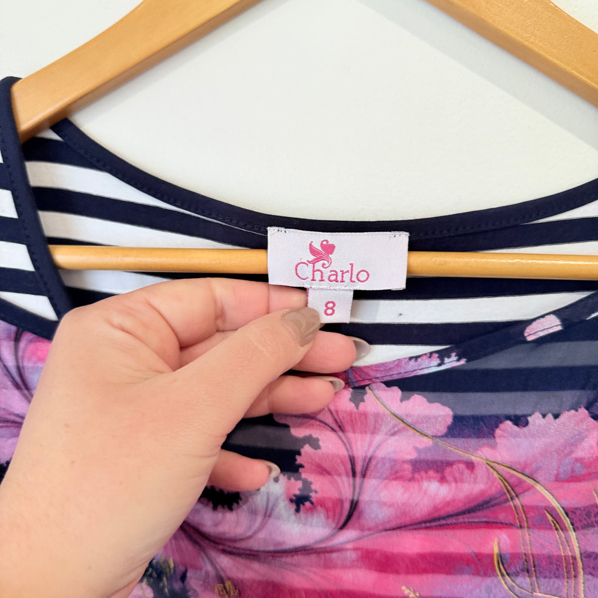 Charlo Navy Stripe Floral Overlay Dress Size 8