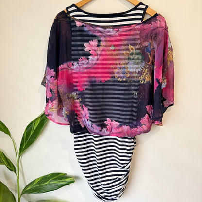 Charlo Navy Stripe Floral Overlay Dress Size 8