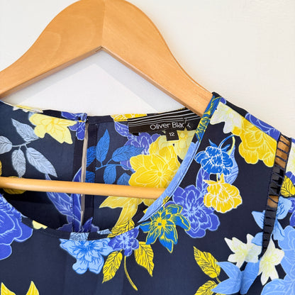 Oliver Black Navy Floral Print Cap Sleeve Top Size 12