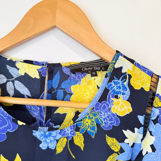 Oliver Black Navy Floral Print Cap Sleeve Top Size 12