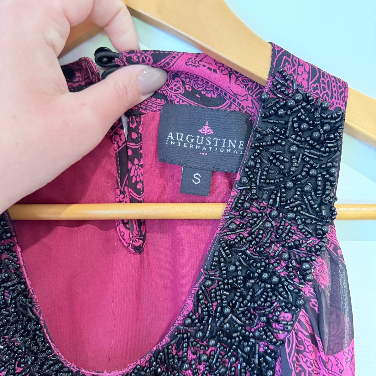 Augustine Pink and Black Paisley Beaded Neck Dress Size S