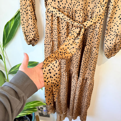 Tan Animal Print Long Sleeve Tiered Midi Dress Size 8