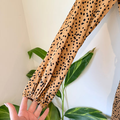 Tan Animal Print Long Sleeve Tiered Midi Dress Size 8