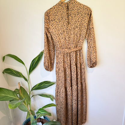 Tan Animal Print Long Sleeve Tiered Midi Dress Size 8