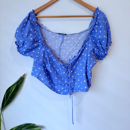 Cotton On Blue and White Spot Print Puff Sleeve Crop Top Size XXL