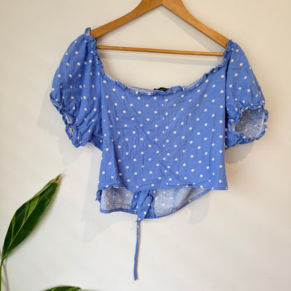 Cotton On Blue and White Spot Print Puff Sleeve Crop Top Size XXL