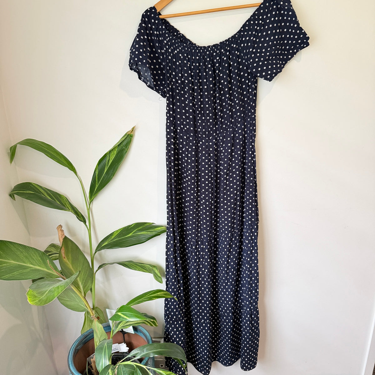 Shein Navy Spot Print Off Shoulder Maxi Dress Size L