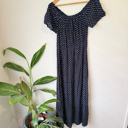 Shein Navy Spot Print Off Shoulder Maxi Dress Size L