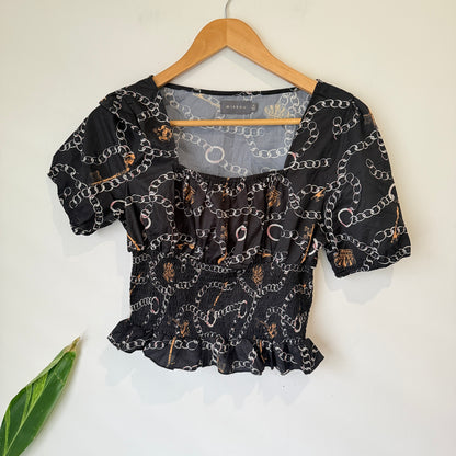 Mirrou Black Chain Print Shirred Crop Top Size 10