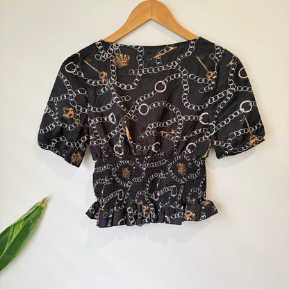 Mirrou Black Chain Print Shirred Crop Top Size 10
