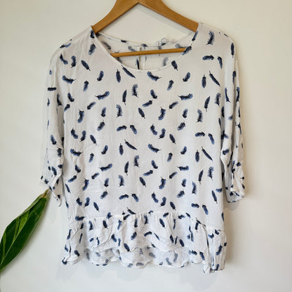 Zest White Feather Print Peplum Top Size 12