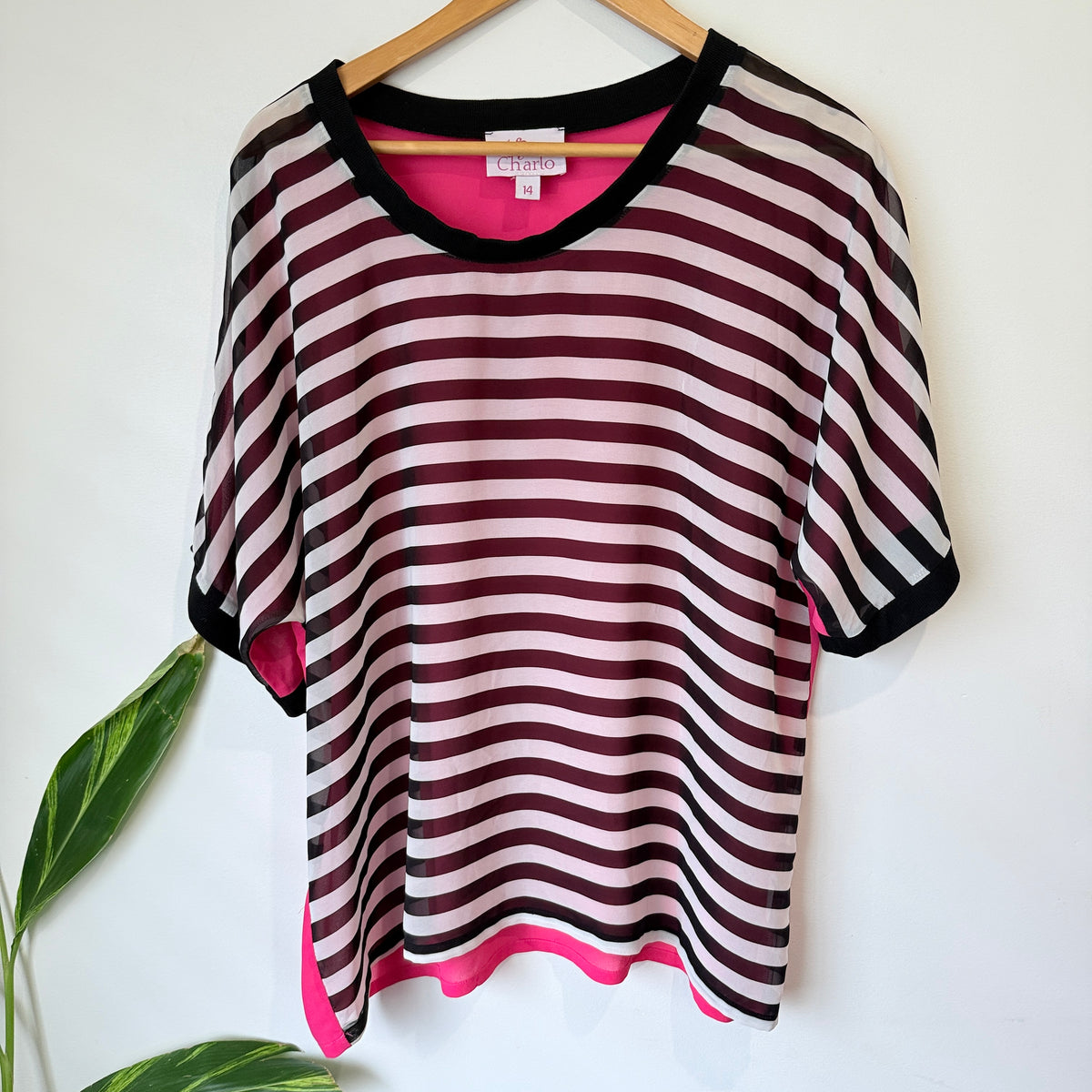 Charlo Pink and Burgundy Stripe Top Size 14