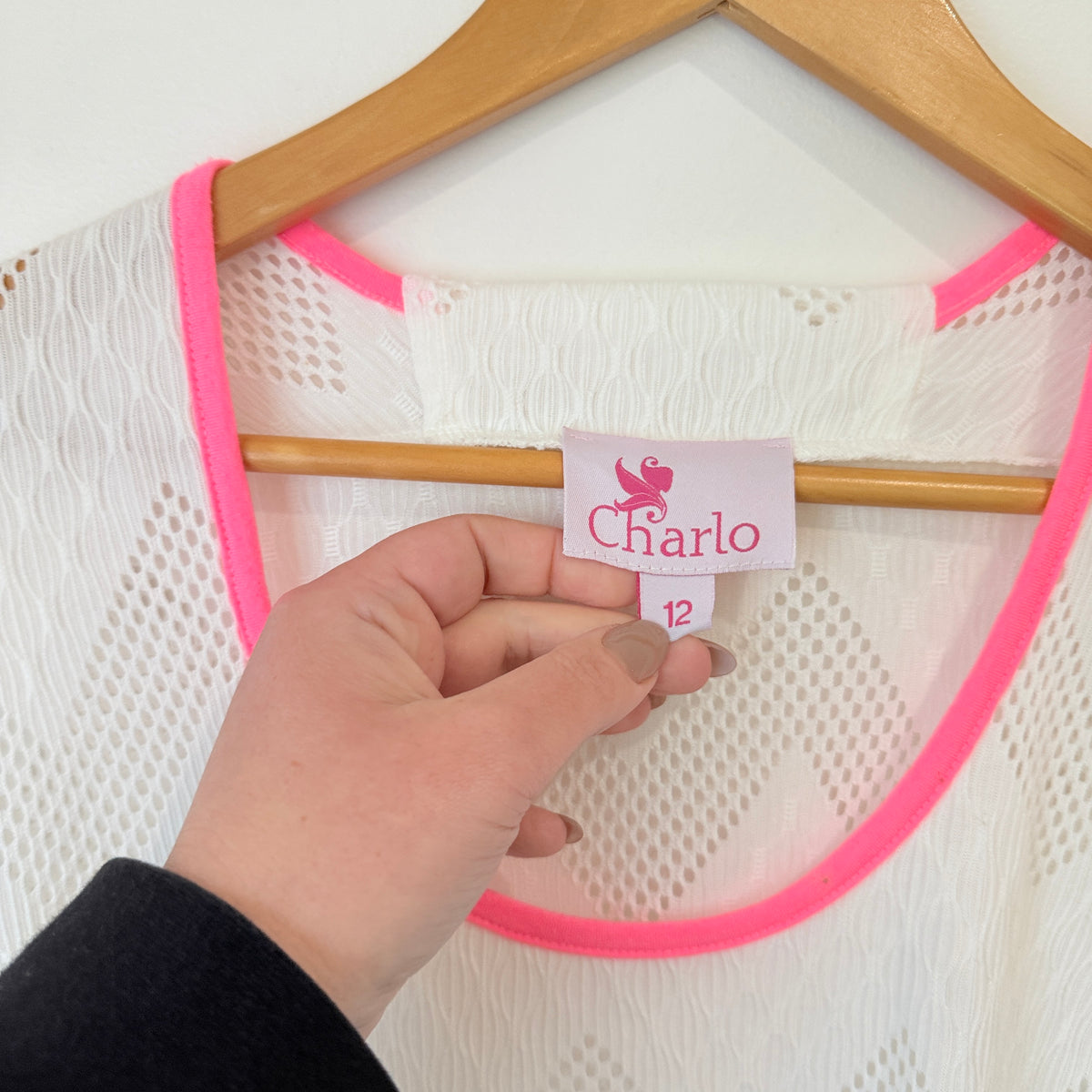 Charlo White Textured Dress with Neon Pink Trim Size 12