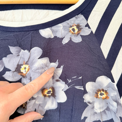 Ketz-ke Navy Floral and Stripe Sleeve Top Size 12