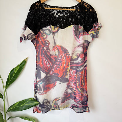 Augustine Black Lace and Abstract Print Silk Dress Size M