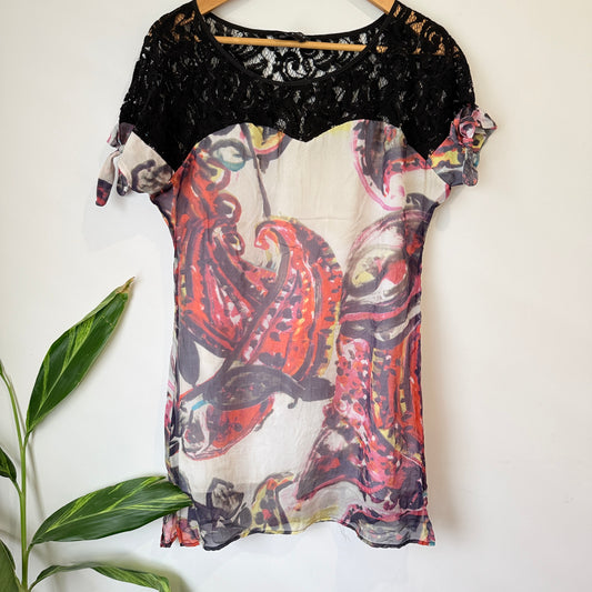 Augustine Black Lace and Abstract Print Silk Dress Size M