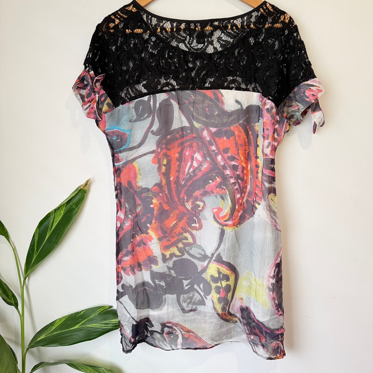 Augustine Black Lace and Abstract Print Silk Dress Size M