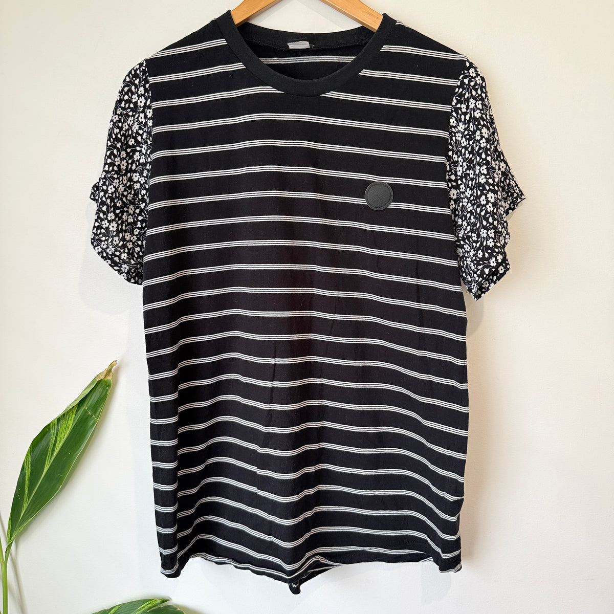 Love Knot War Black and White Stripe Tee with Floral Sleeves