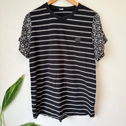 Love Knot War Black and White Stripe Tee with Floral Sleeves