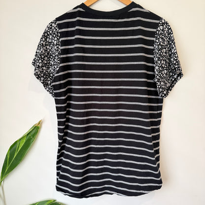 Love Knot War Black and White Stripe Tee with Floral Sleeves