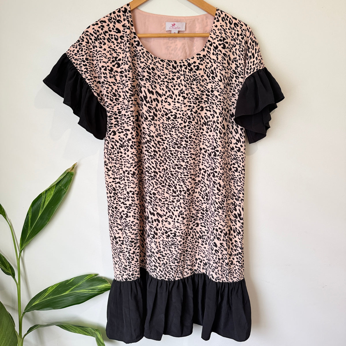 Charlo Blush Leopard Print Ruffle Trim Dress Size 8