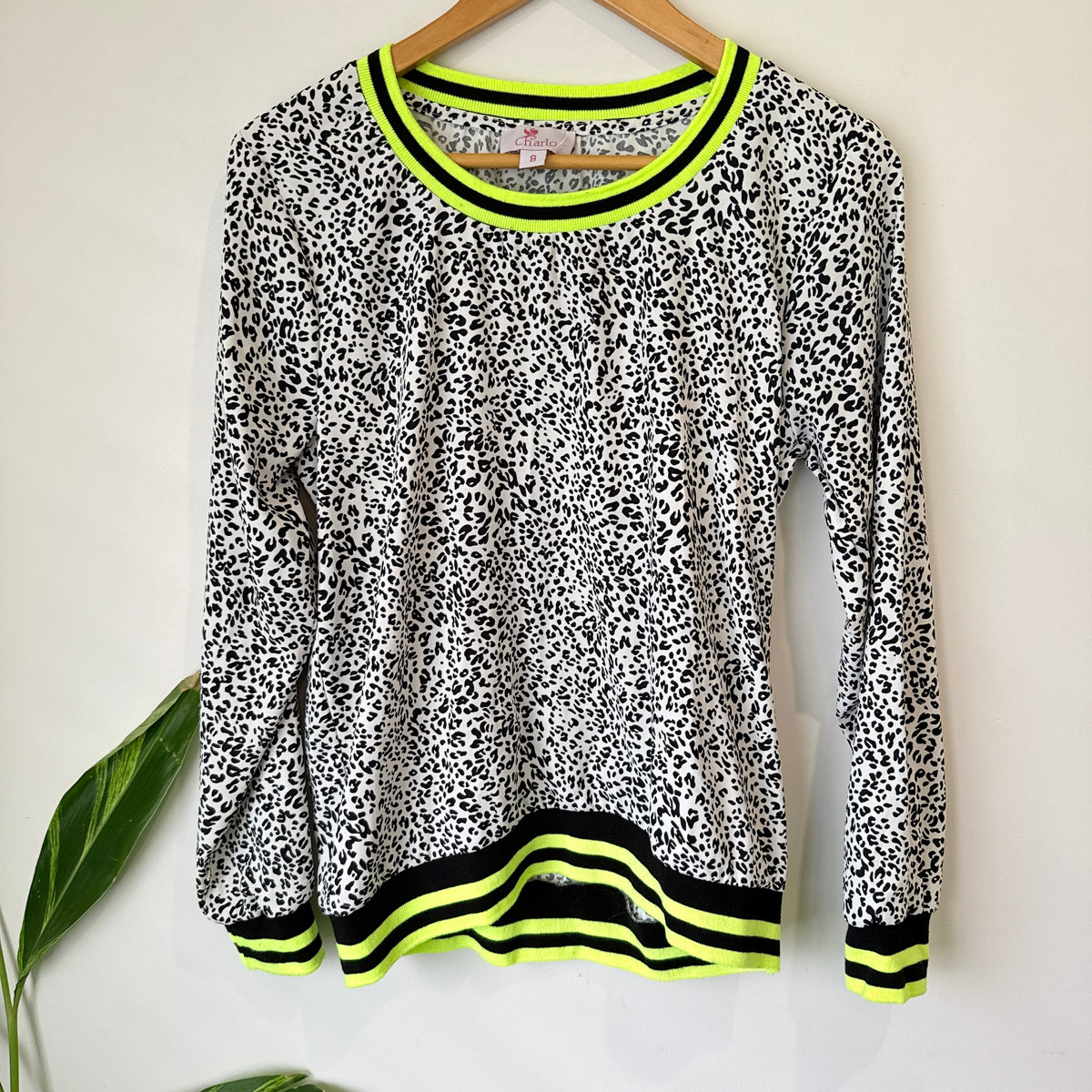 Charlo White and Black Leopard Print Top with Neon Trim Size 8