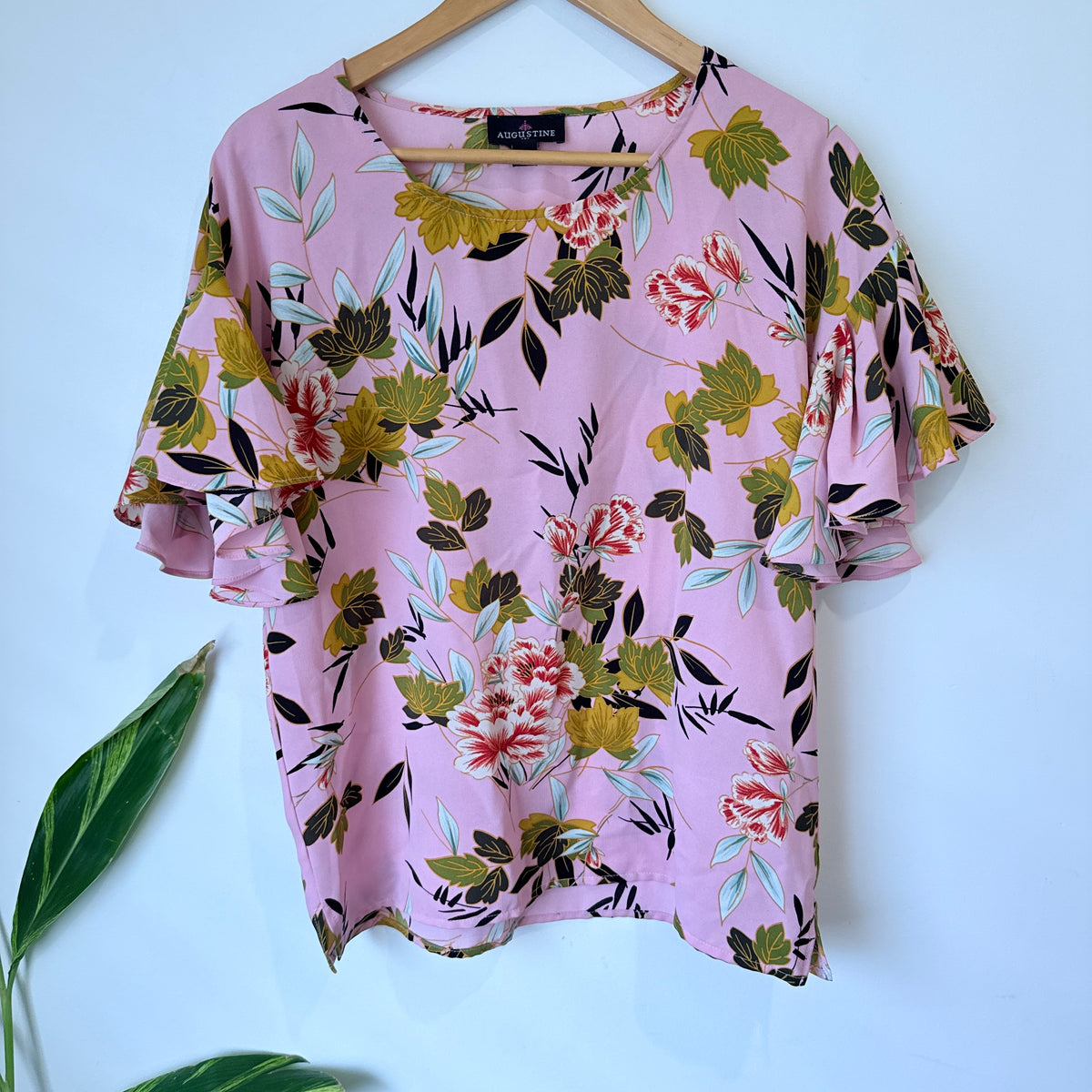 Augustine Pink Floral Print Flutter Sleeve Top Size S