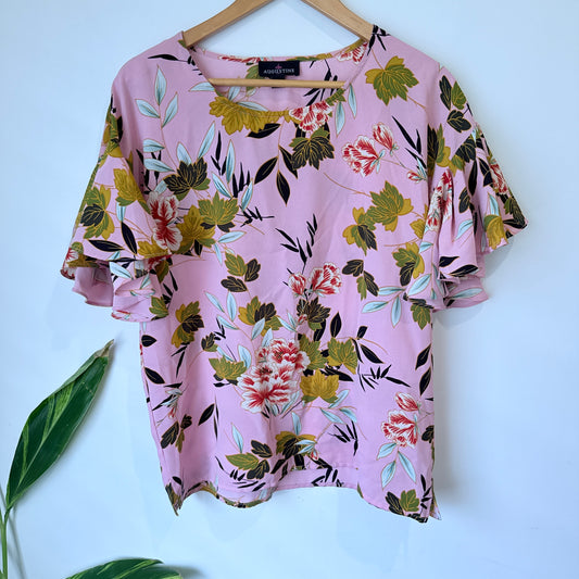 Augustine Pink Floral Print Flutter Sleeve Top Size S