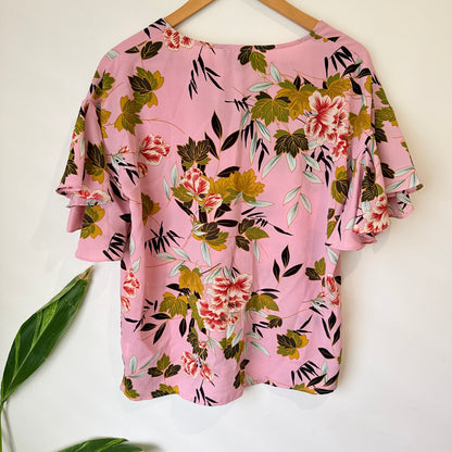 Augustine Pink Floral Print Flutter Sleeve Top Size S
