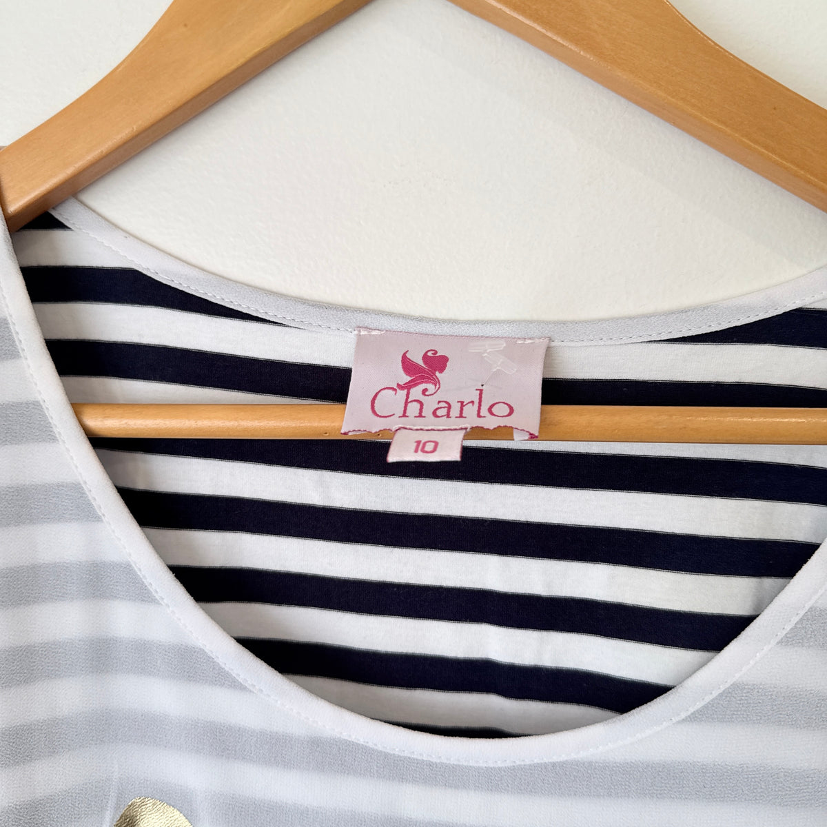 Charlo White and Navy Stripe Love Print Dress Size 10