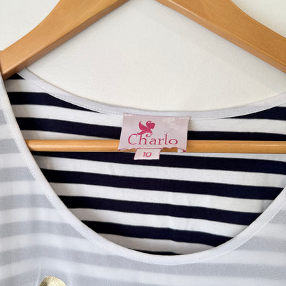 Charlo White and Navy Stripe Love Print Dress Size 10