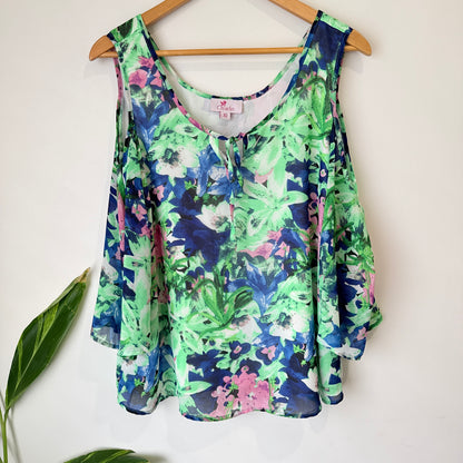 Charlo Green and Blue Floral Cold Shoulder Top Size 10