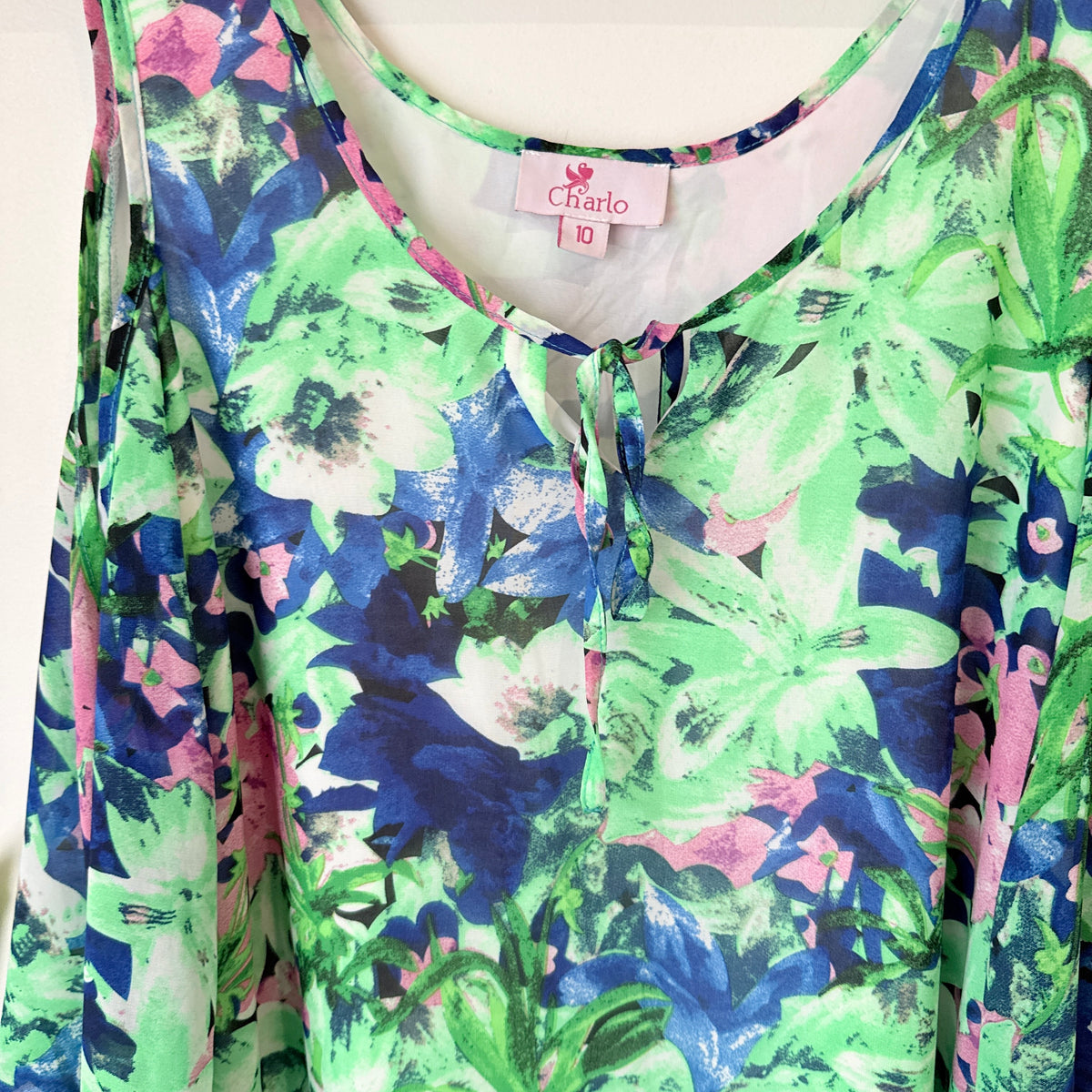 Charlo Green and Blue Floral Cold Shoulder Top Size 10