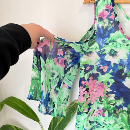 Charlo Green and Blue Floral Cold Shoulder Top Size 10