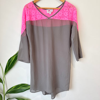 Charlo Grey and Neon Pink Lace Yoke Top Size 8