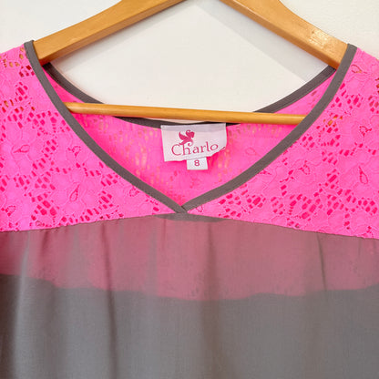 Charlo Grey and Neon Pink Lace Yoke Top Size 8