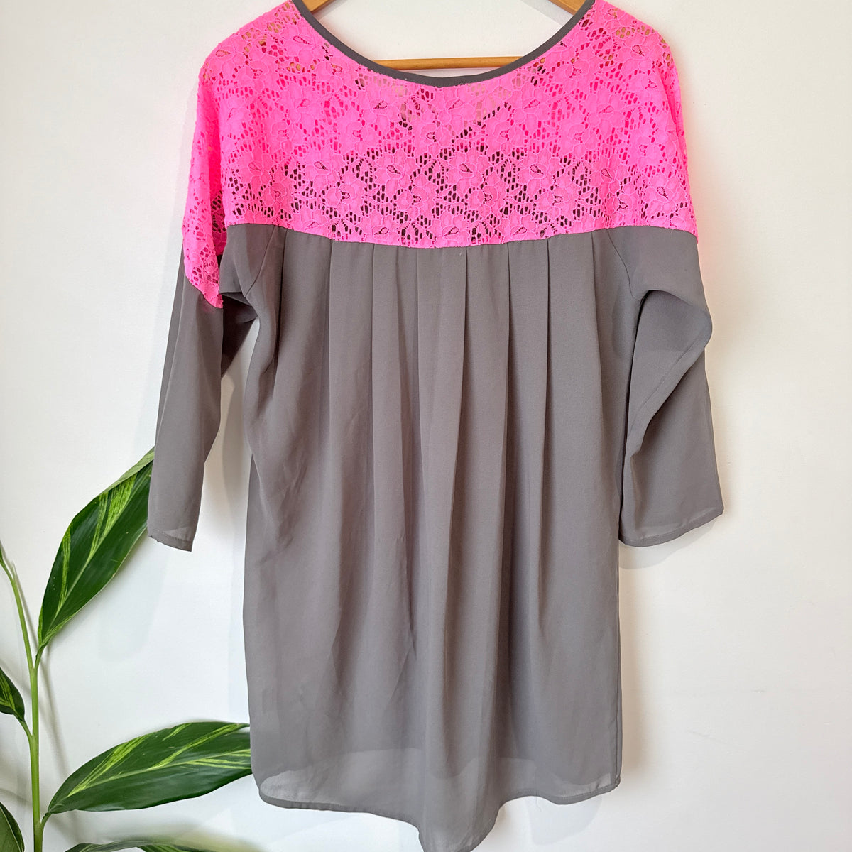 Charlo Grey and Neon Pink Lace Yoke Top Size 8