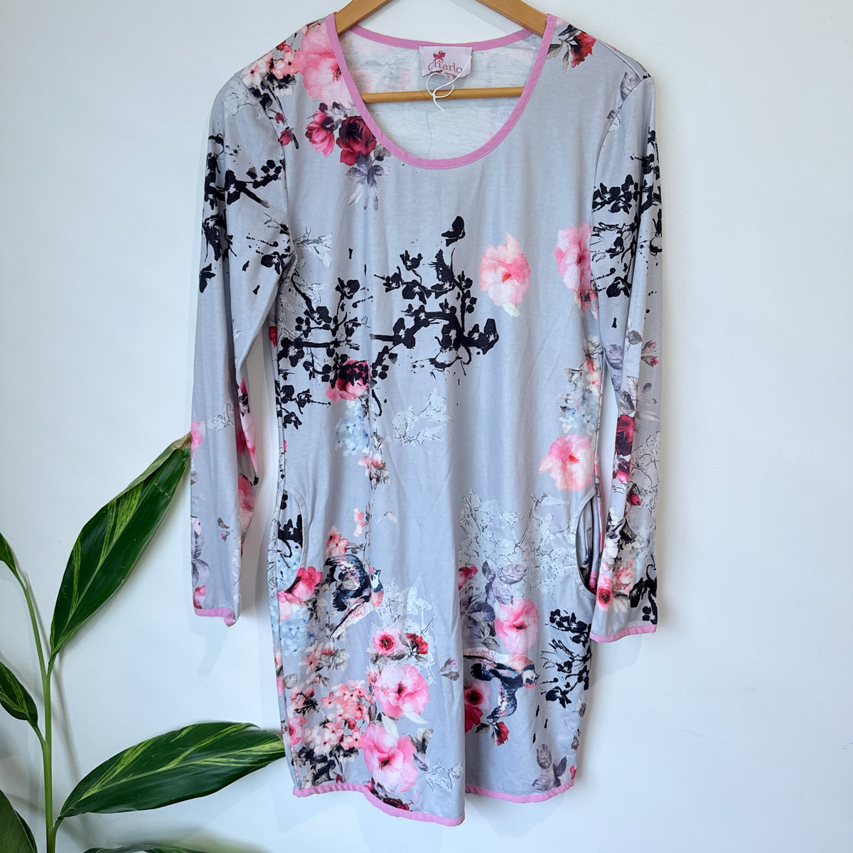 Charlo Grey Floral Print Long Sleeve Top Size 8