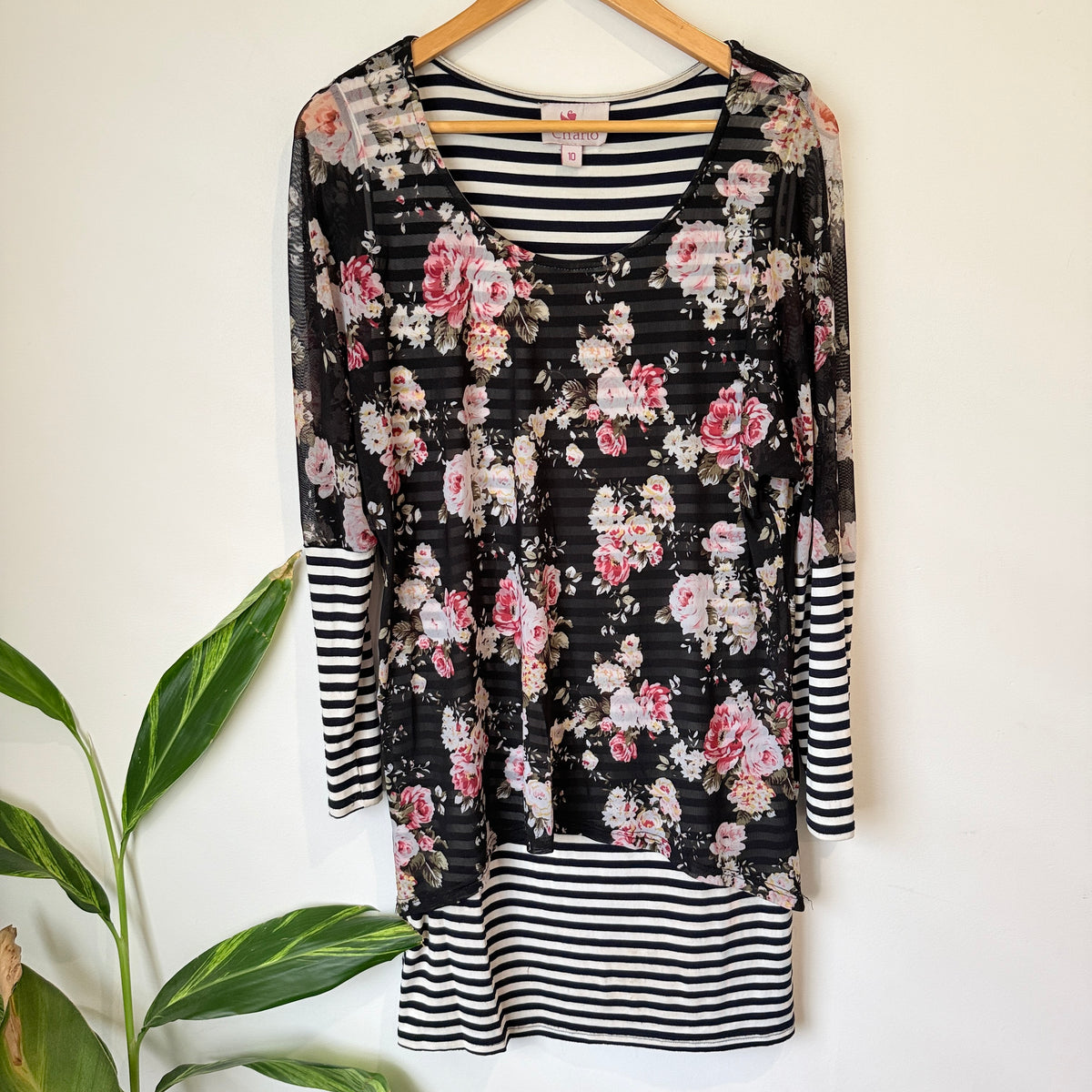 Charlo Black Floral and Stripe Long Sleeve Dress Size 10