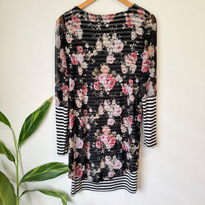 Charlo Black Floral and Stripe Long Sleeve Dress Size 10