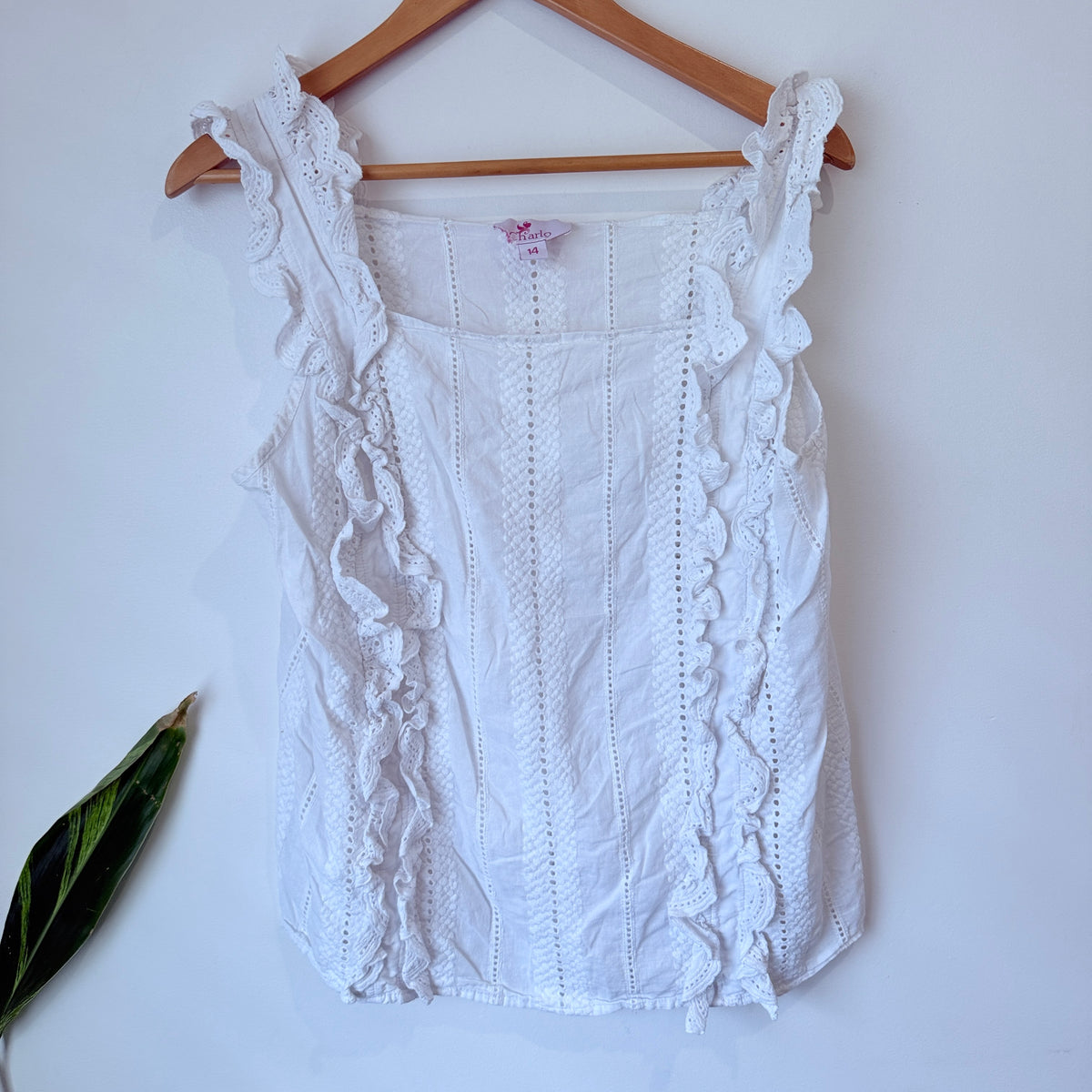 Charlo White Broderie Sleeveless Top Size 14