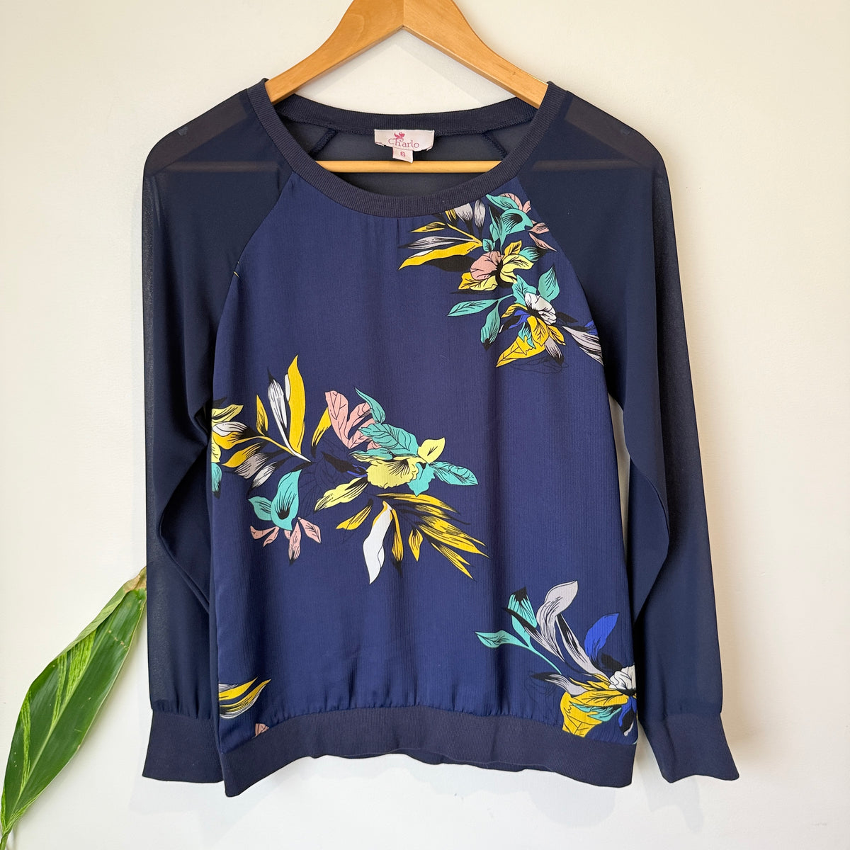 Charlo Navy Floral Print Long Sleeve Top Size 6