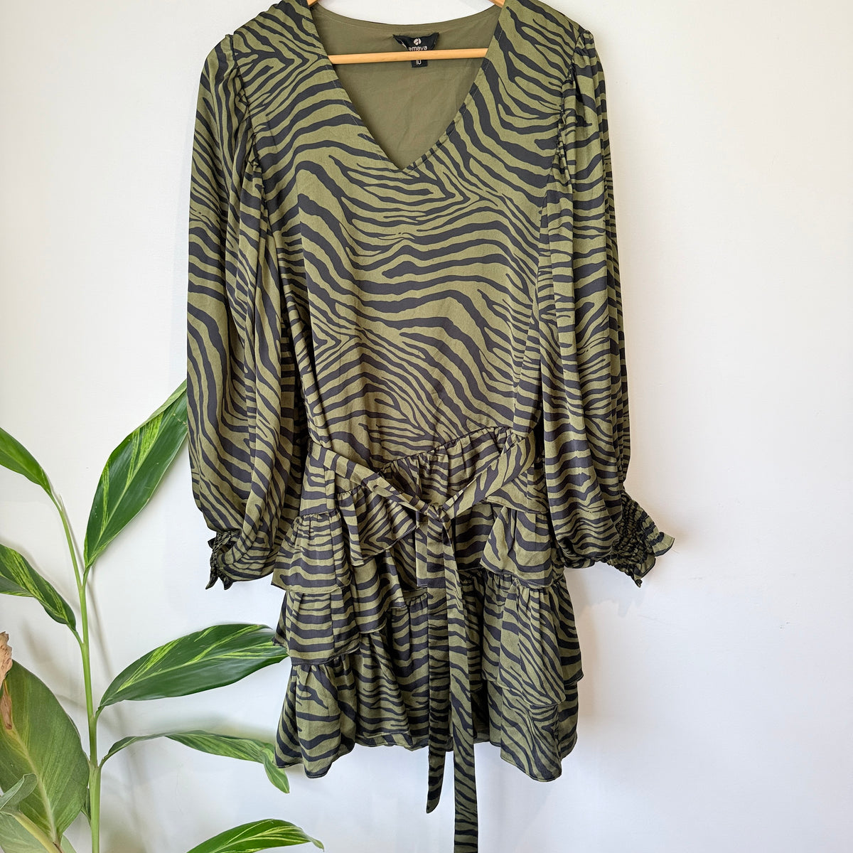 Amaya Khaki Zebra Print Tiered Mini Dress Size 10