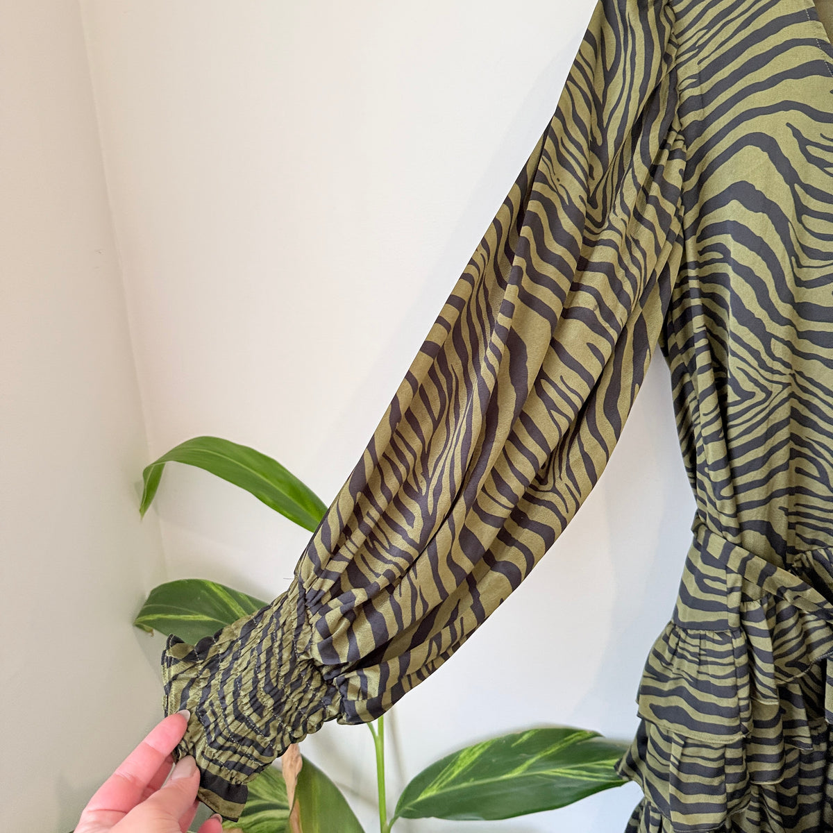 Amaya Khaki Zebra Print Tiered Mini Dress Size 10