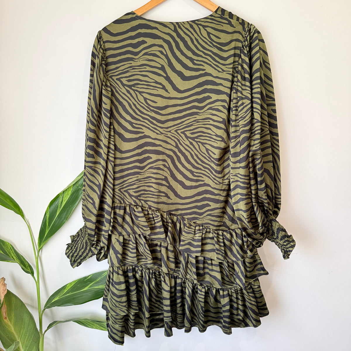 Amaya Khaki Zebra Print Tiered Mini Dress Size 10