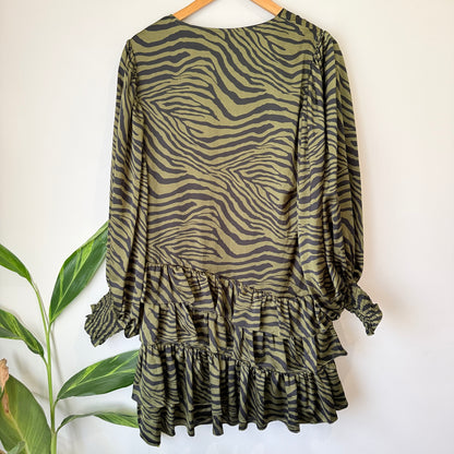Amaya Khaki Zebra Print Tiered Mini Dress Size 10